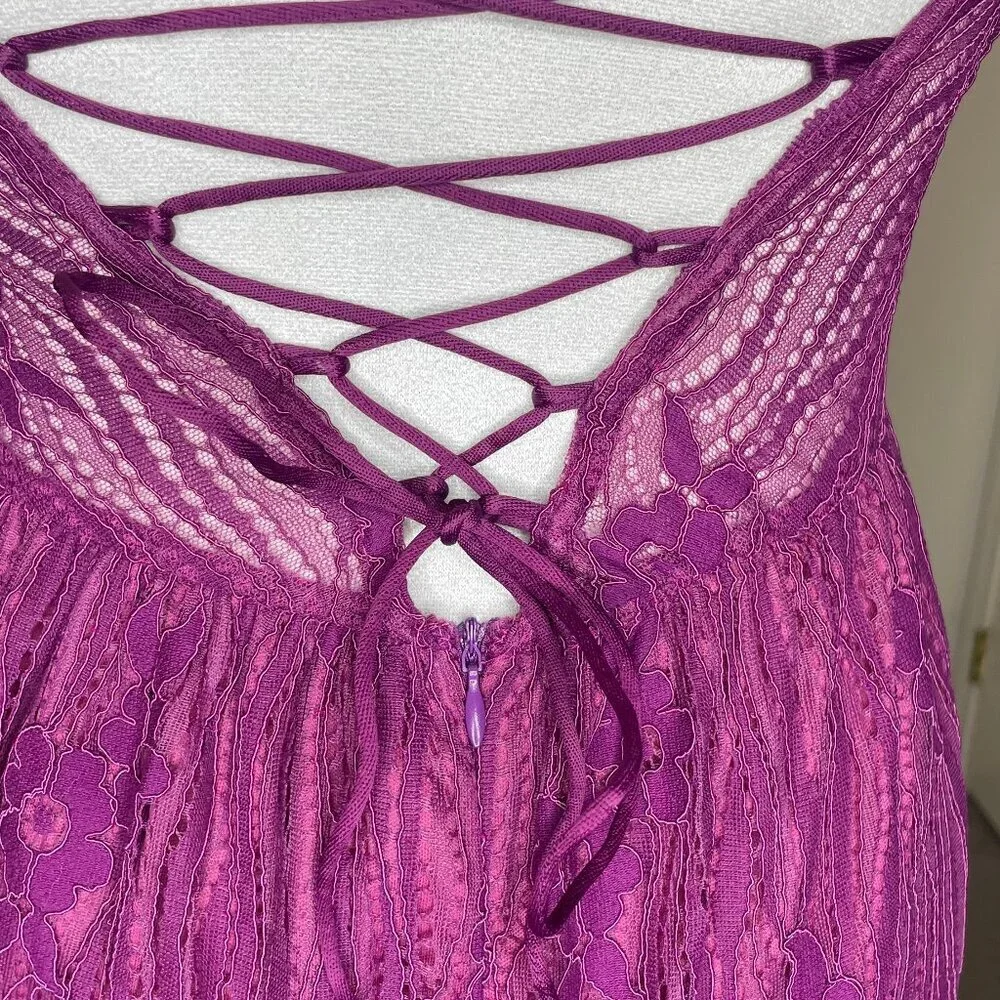 AOOKSMERY Purple Floral Lace Midi Dress NWT Lace Up Back Cocktail Wedding Guest